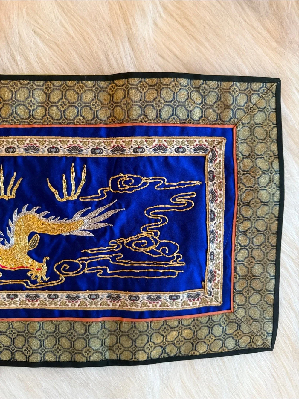 Vintage Embroidered Golden Dragon Table Scarf Handmade
